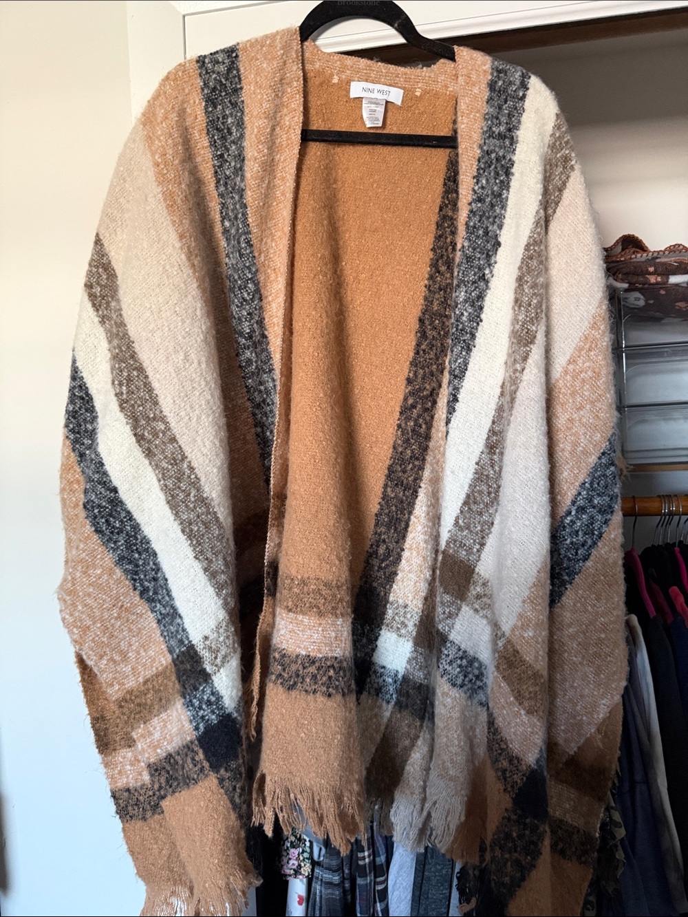Nine West Camel, Cream & Gray Plaid Open-Front Poncho